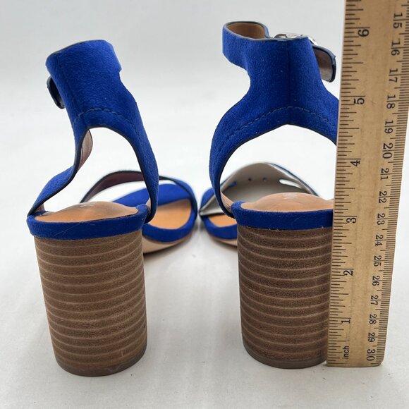 NINE WEST Blue Open Toe Ankle Strap Sandals Chunky Heels Buckle Dance Shoes - Picture 4 of 7